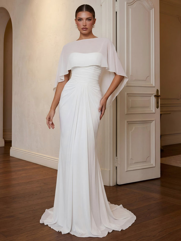 Chiffon Mermaid Spaghetti Straps Long Evening Dresses with Cape