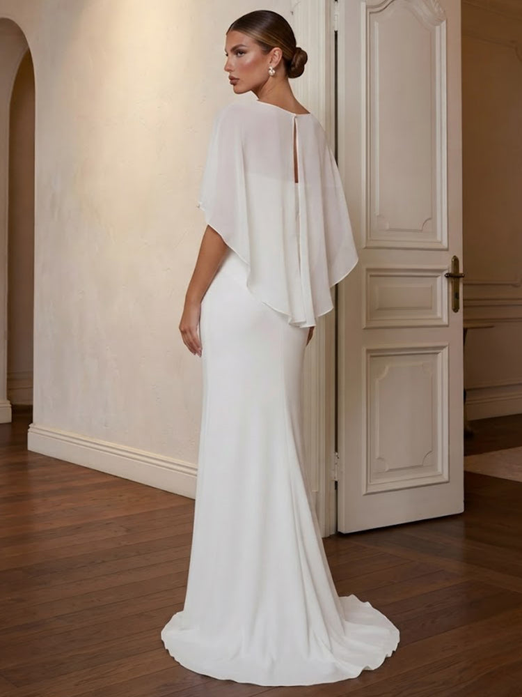 Chiffon Mermaid Spaghetti Straps Long Evening Dresses with Cape