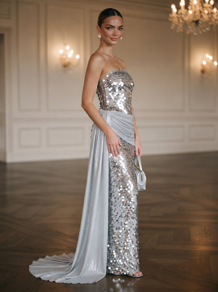 Sequin Mermaid Strapless Long Evening Dresses with Pleated