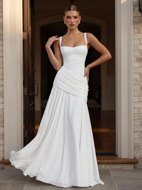 Chiffon A-Line Spaghetti Straps Long Evening Dresses with Ruched