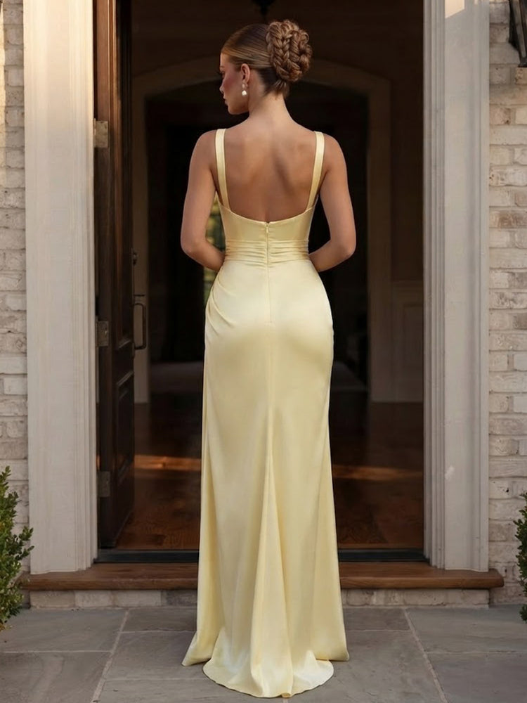 Satin Mermaid Spaghetti Straps Long Evening Dresses with Slit