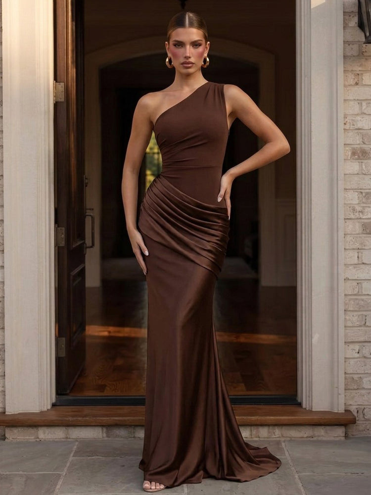 Satin Mermaid One Shoulder Long Evening Dresses with Drop Waist