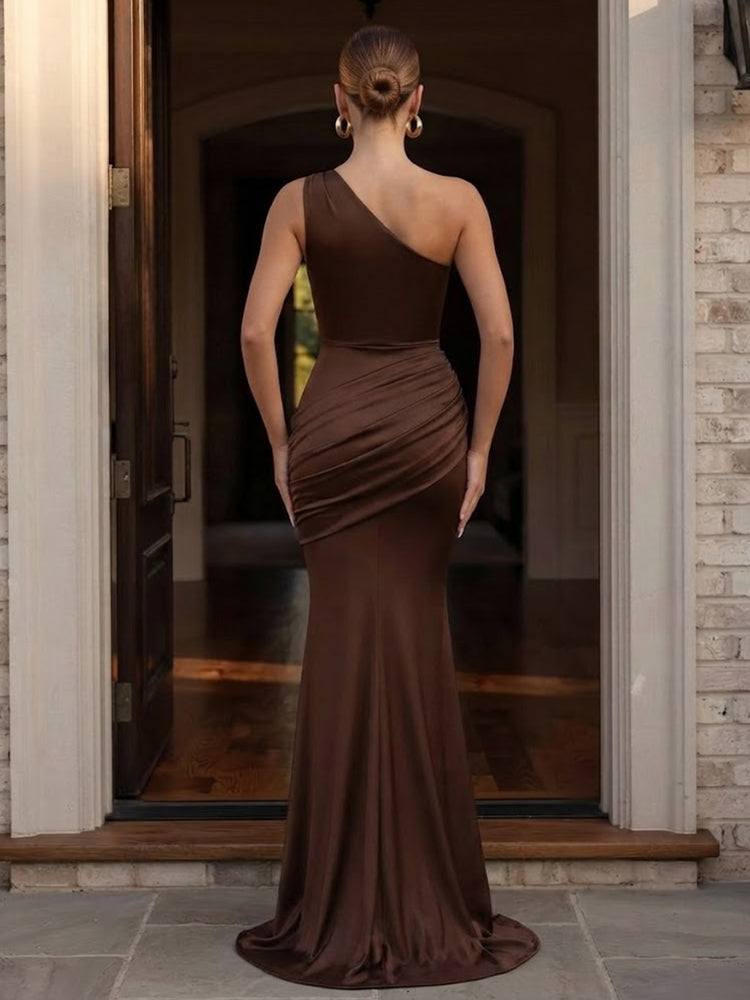 Satin Mermaid One Shoulder Long Evening Dresses with Drop Waist