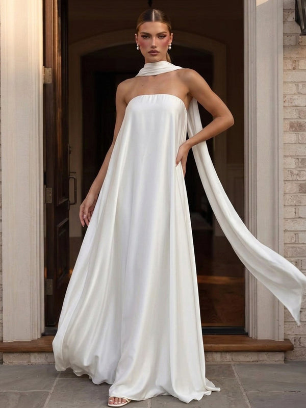 Satin A-Line Strapless Long Evening Tent/ Trapeze Dresses with Scarf