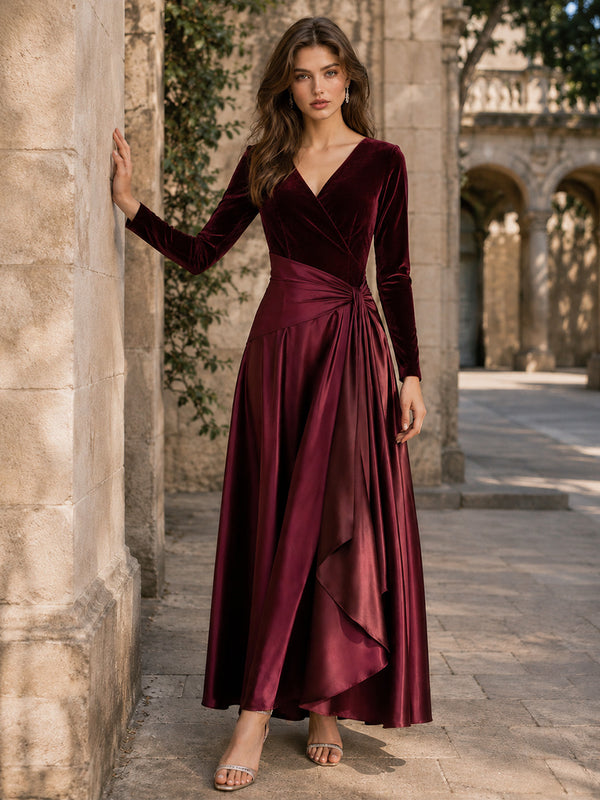 Velvet A-Line V Neck Long Evening Dresses with Pleated