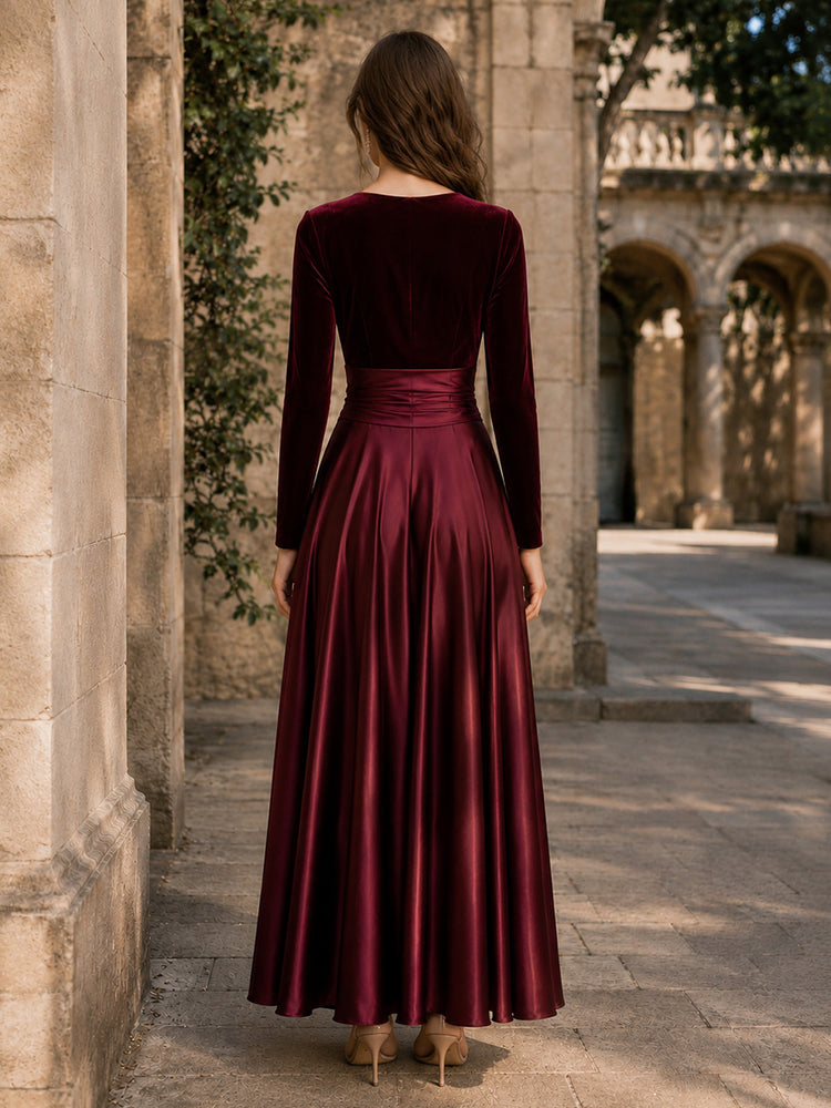Velvet A-Line V Neck Long Evening Dresses with Pleated