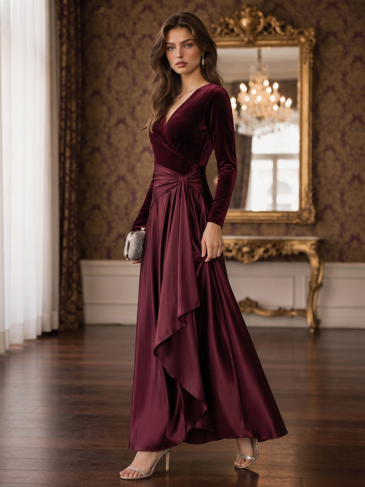 Velvet A-Line V Neck Long Evening Dresses with Pleated