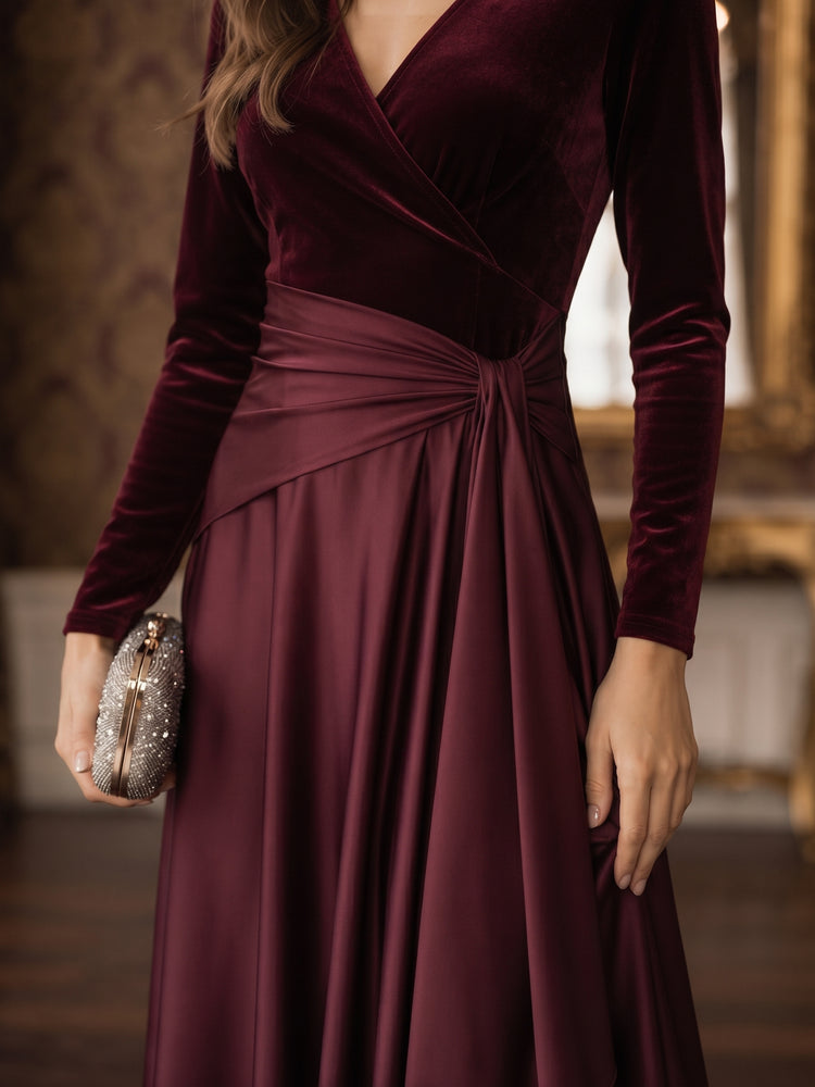 Velvet A-Line V Neck Long Evening Dresses with Pleated