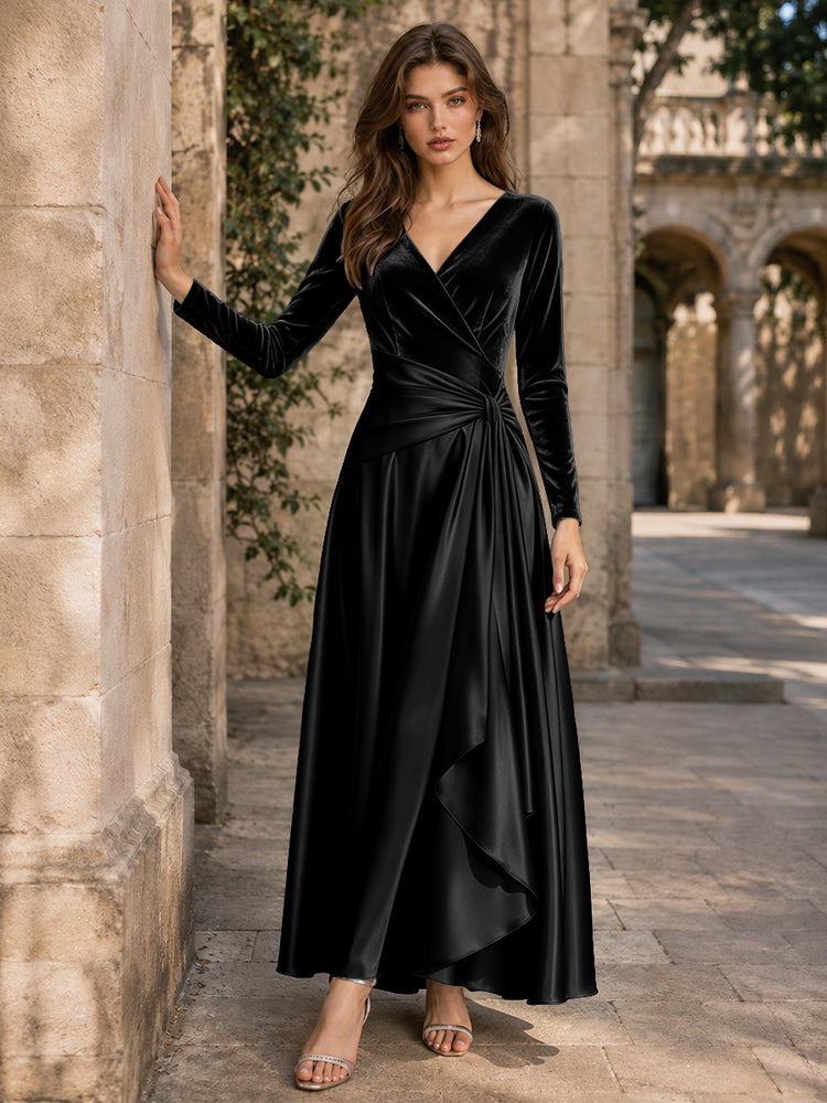 Velvet A-Line V Neck Long Evening Dresses with Pleated