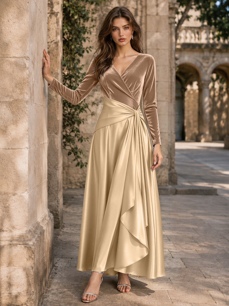 Velvet A-Line V Neck Long Evening Dresses with Pleated