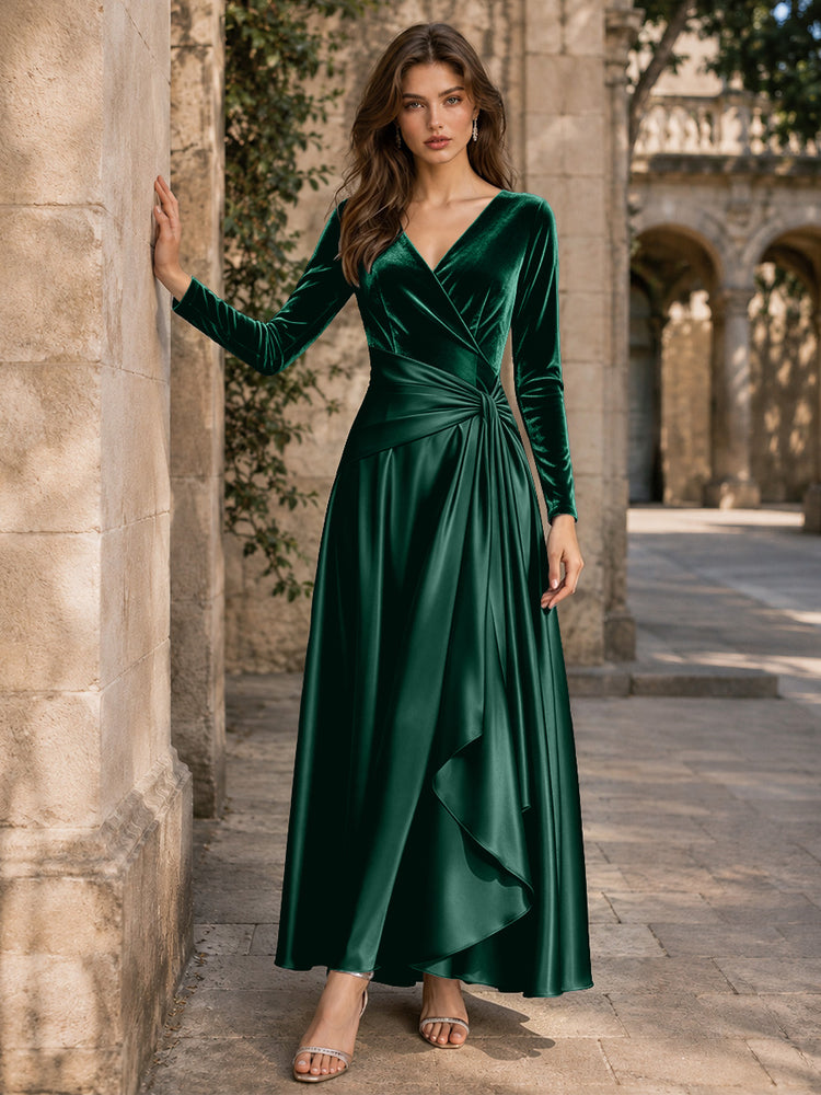 Velvet A-Line V Neck Long Evening Dresses with Pleated
