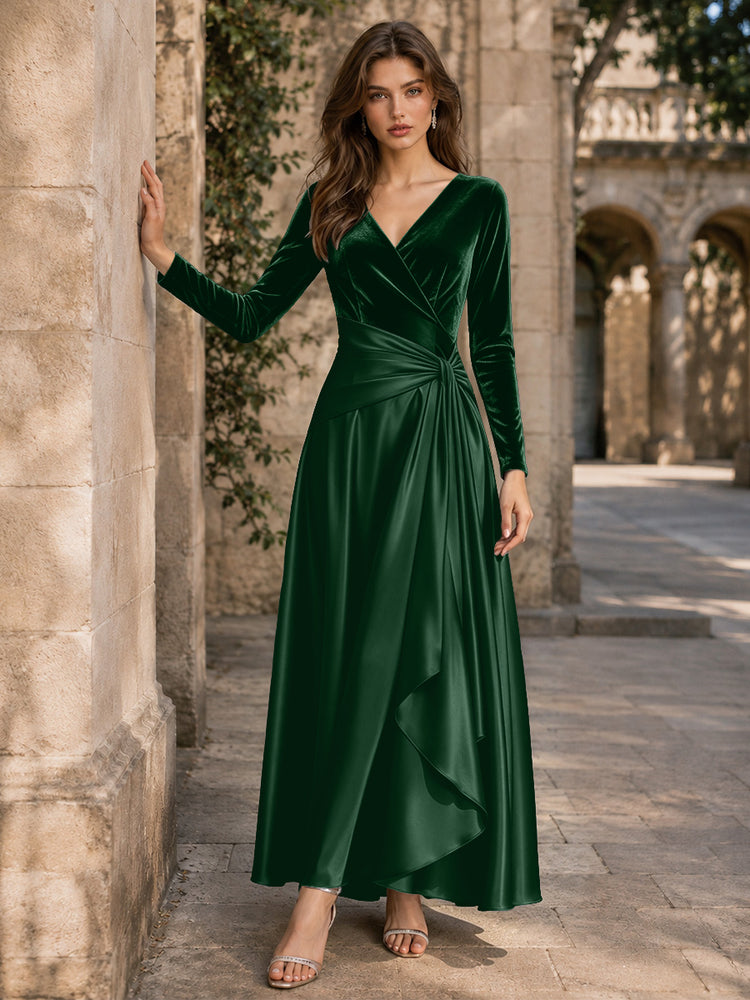 Velvet A-Line V Neck Long Evening Dresses with Pleated