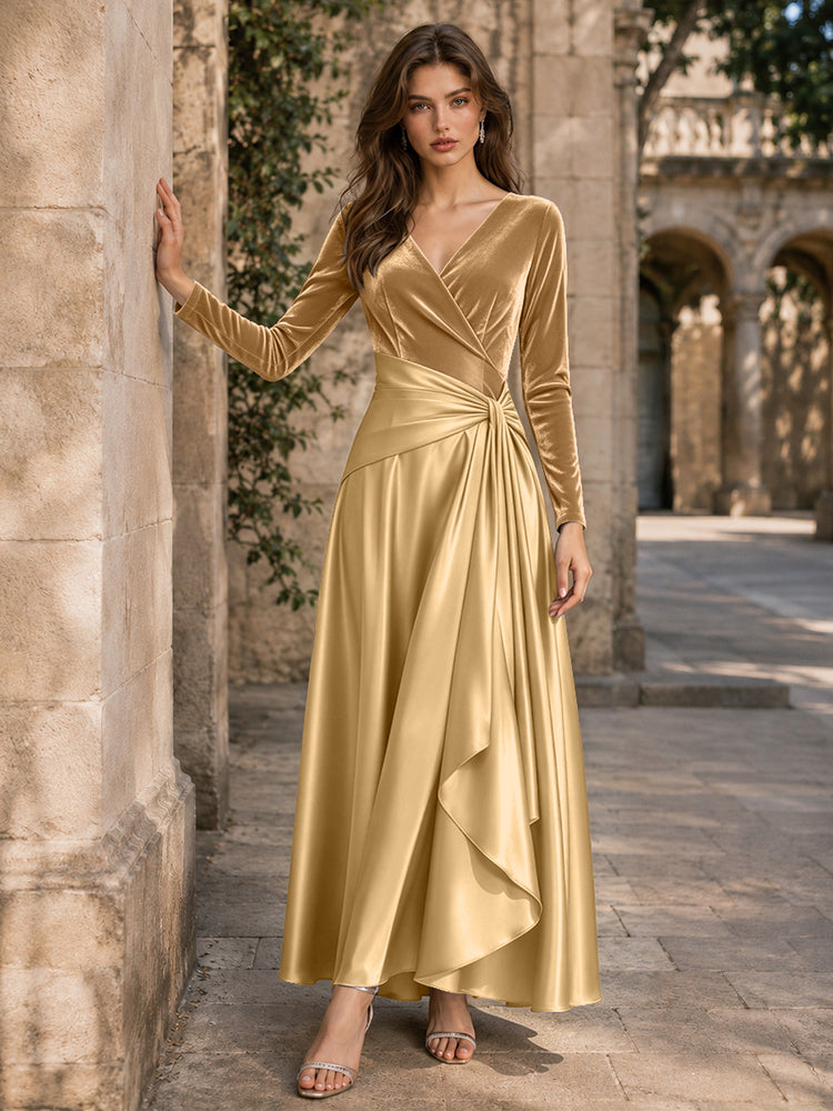 Velvet A-Line V Neck Long Evening Dresses with Pleated