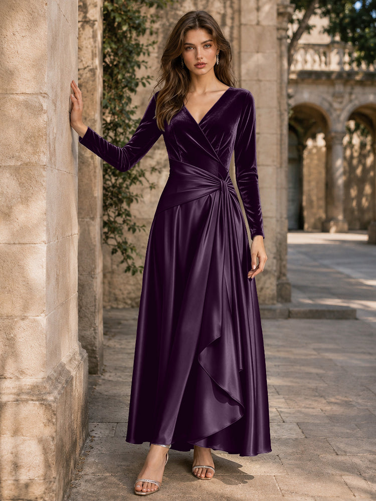 Velvet A-Line V Neck Long Evening Dresses with Pleated