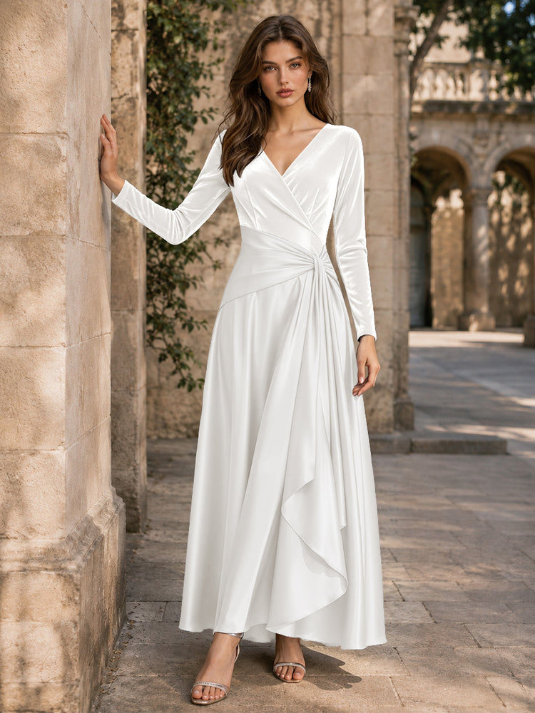 Velvet A-Line V Neck Long Evening Dresses with Pleated