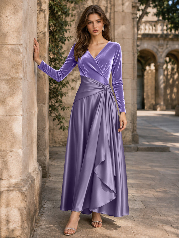 Velvet A-Line V Neck Long Evening Dresses with Pleated