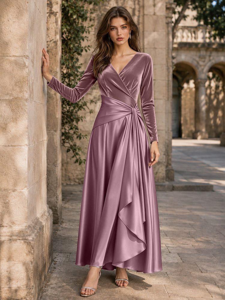 Velvet A-Line V Neck Long Evening Dresses with Pleated