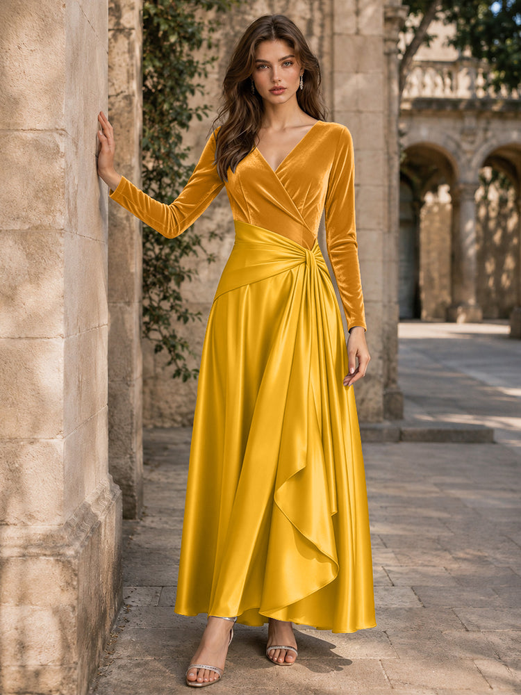 Velvet A-Line V Neck Long Evening Dresses with Pleated