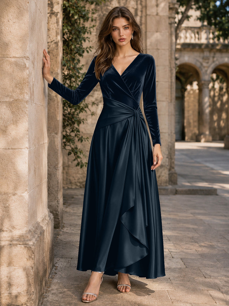 Velvet A-Line V Neck Long Evening Dresses with Pleated