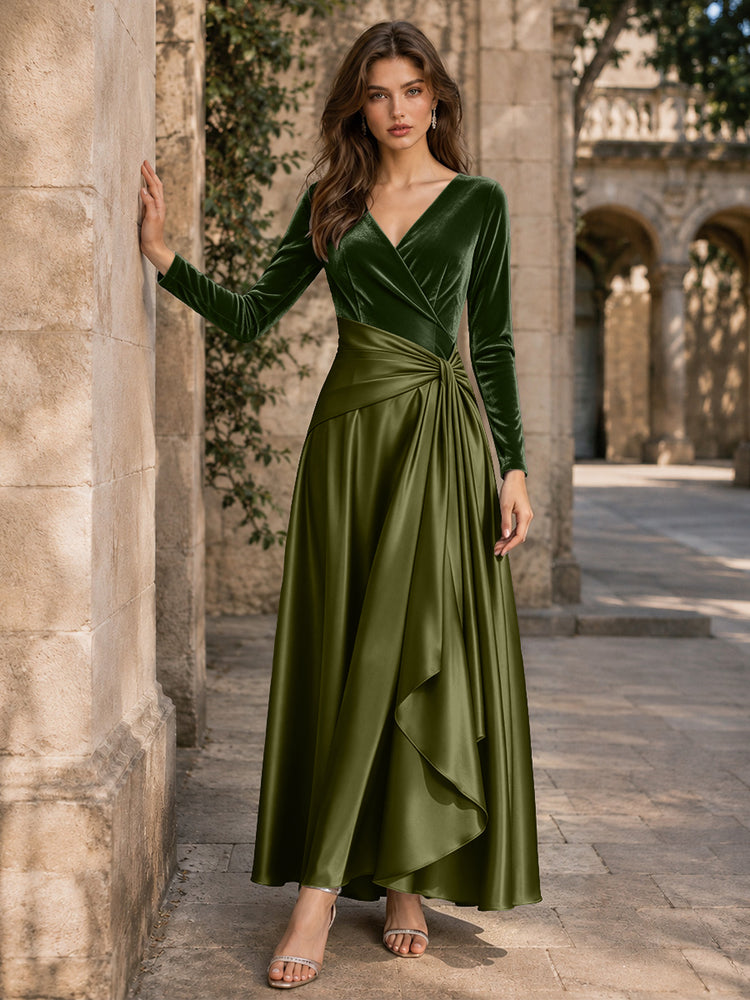 Velvet A-Line V Neck Long Evening Dresses with Pleated