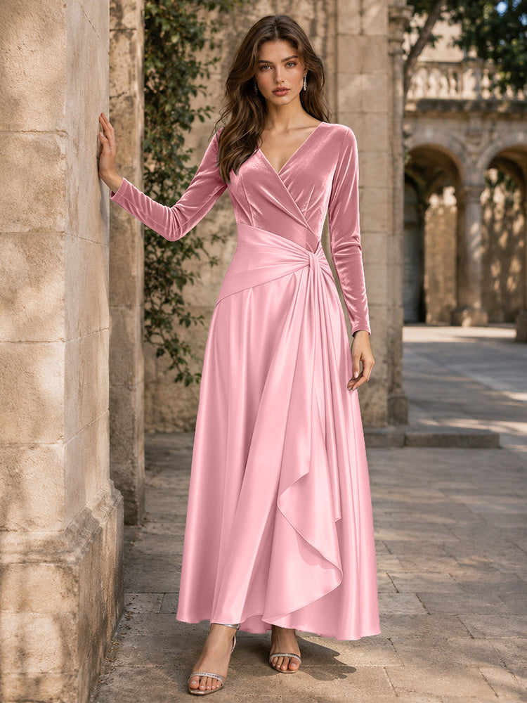 Velvet A-Line V Neck Long Evening Dresses with Pleated