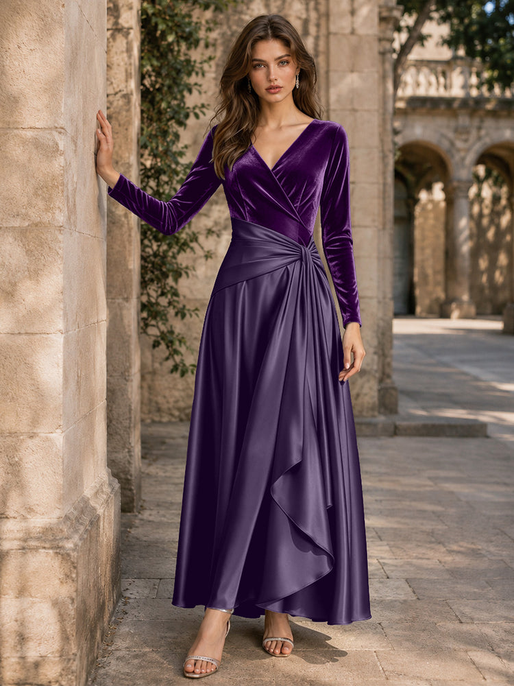 Velvet A-Line V Neck Long Evening Dresses with Pleated