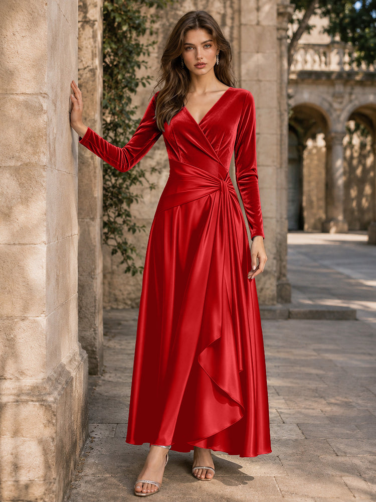 Velvet A-Line V Neck Long Evening Dresses with Pleated