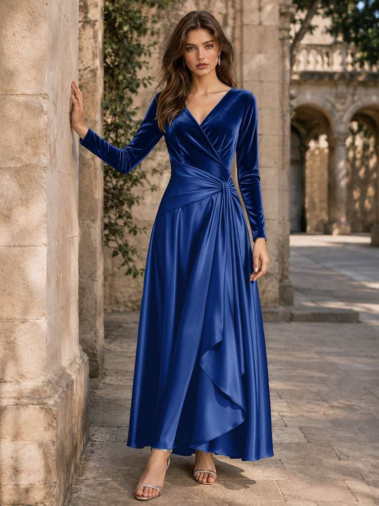 Velvet A-Line V Neck Long Evening Dresses with Pleated