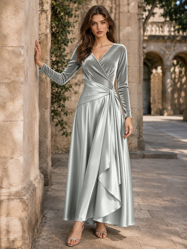 Velvet A-Line V Neck Long Evening Dresses with Pleated