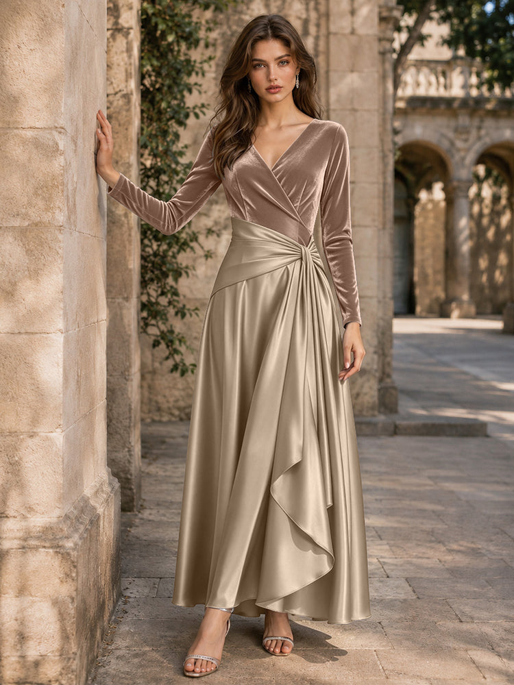 Velvet A-Line V Neck Long Evening Dresses with Pleated