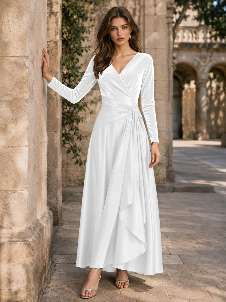 Velvet A-Line V Neck Long Evening Dresses with Pleated