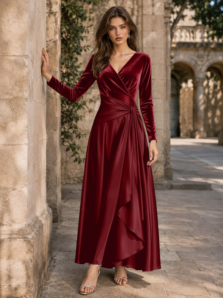 Velvet A-Line V Neck Long Evening Dresses with Pleated