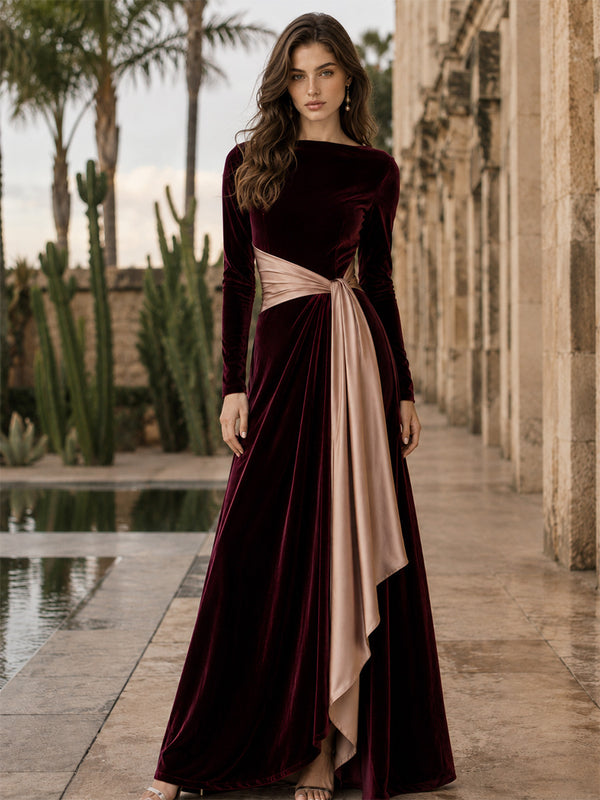Velvet A-Line Round Neck Long Evening Dresses with Ruffles
