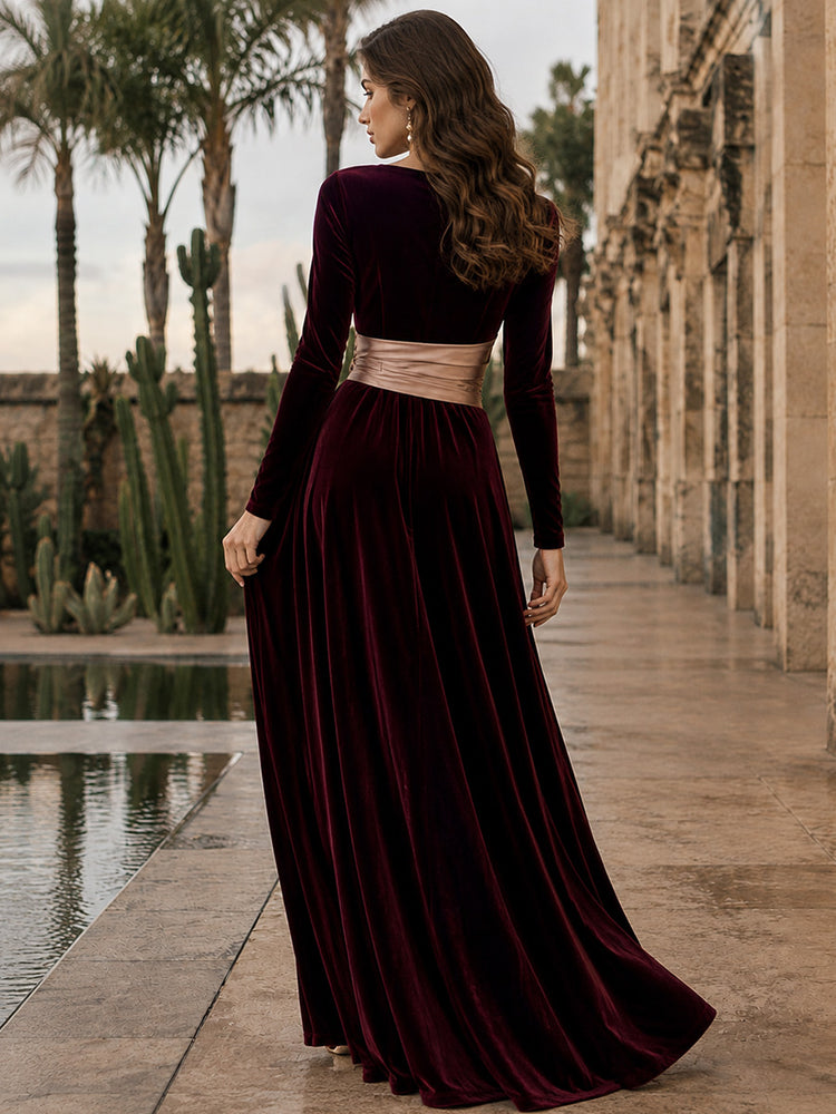 Velvet A-Line Round Neck Long Evening Dresses with Ruffles