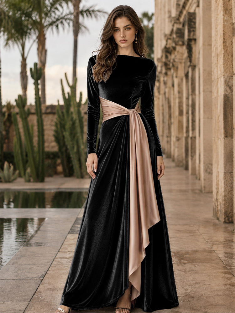 Velvet A-Line Round Neck Long Evening Dresses with Ruffles