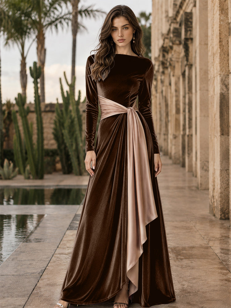 Velvet A-Line Round Neck Long Evening Dresses with Ruffles