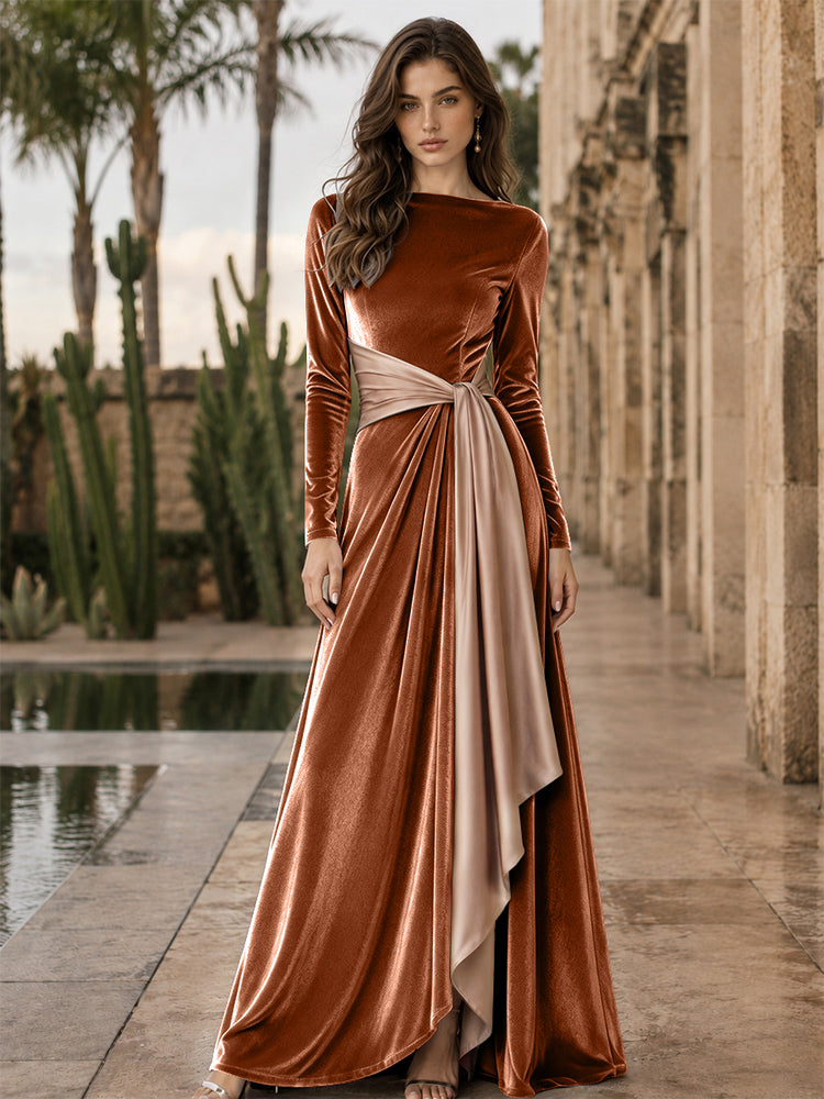 Velvet A-Line Round Neck Long Evening Dresses with Ruffles