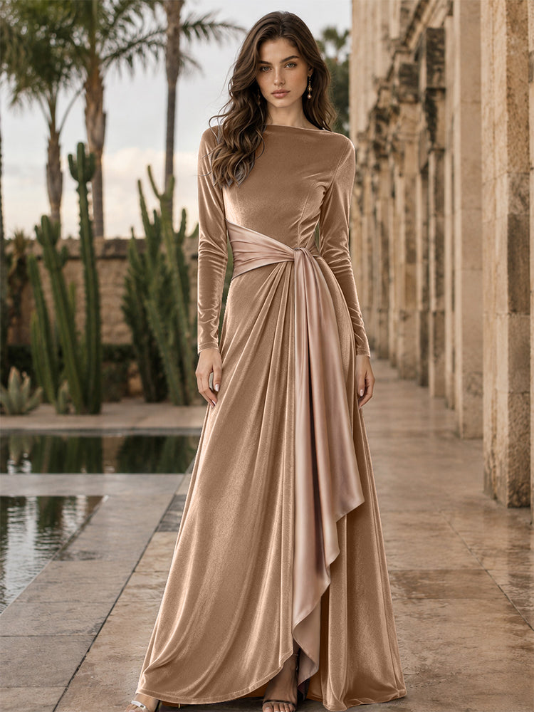 Velvet A-Line Round Neck Long Evening Dresses with Ruffles