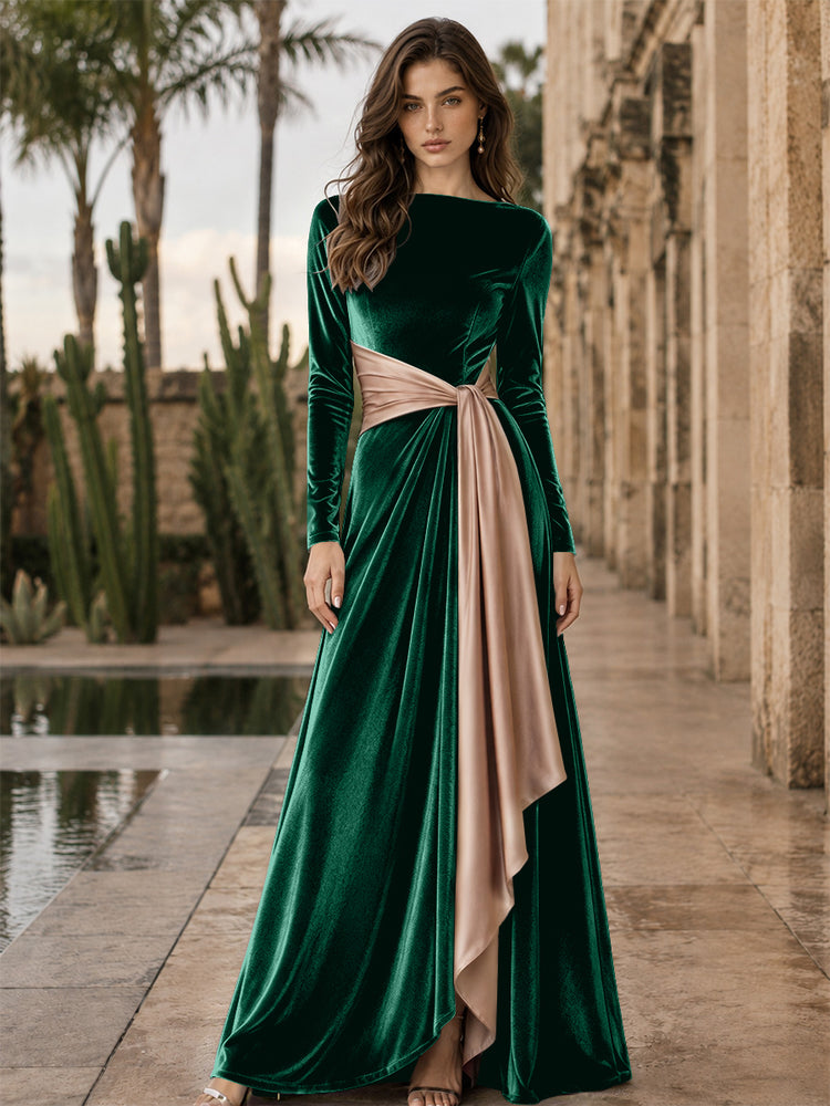 Velvet A-Line Round Neck Long Evening Dresses with Ruffles