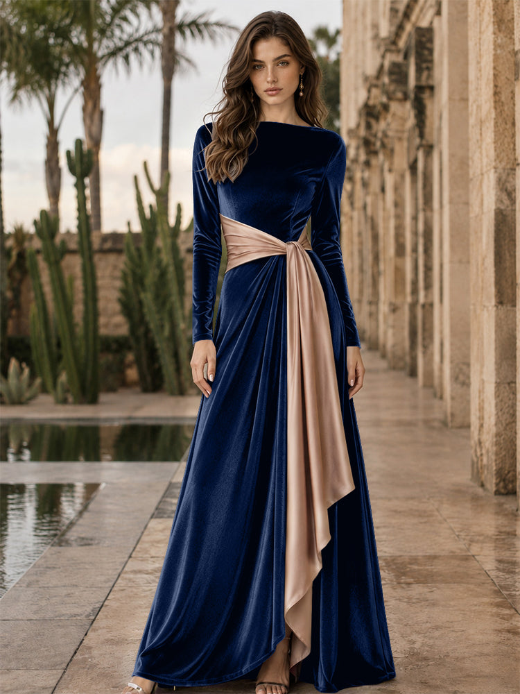 Velvet A-Line Round Neck Long Evening Dresses with Ruffles