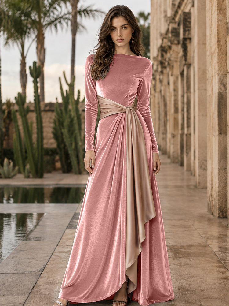 Velvet A-Line Round Neck Long Evening Dresses with Ruffles