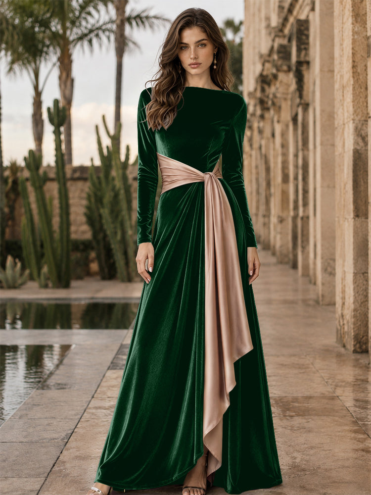 Velvet A-Line Round Neck Long Evening Dresses with Ruffles