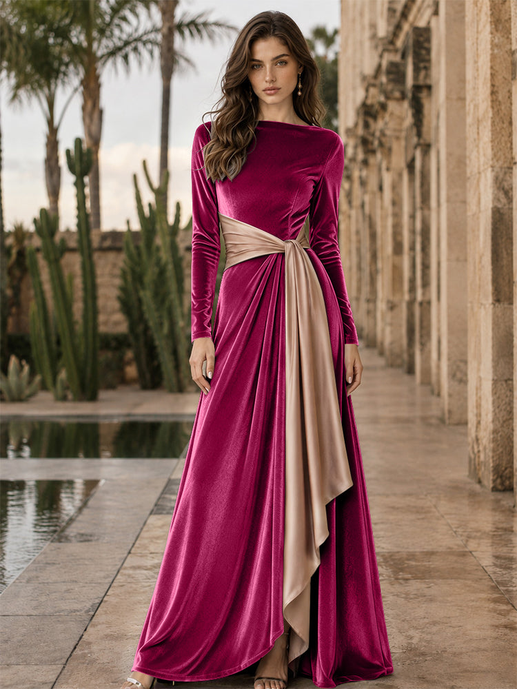 Velvet A-Line Round Neck Long Evening Dresses with Ruffles