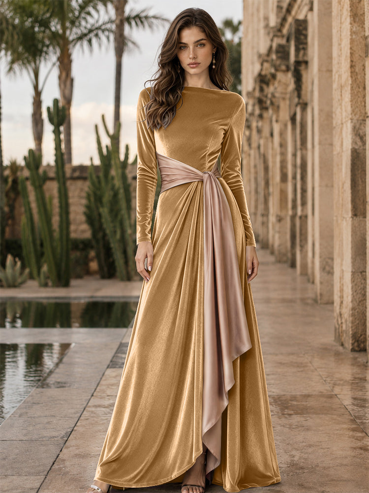 Velvet A-Line Round Neck Long Evening Dresses with Ruffles