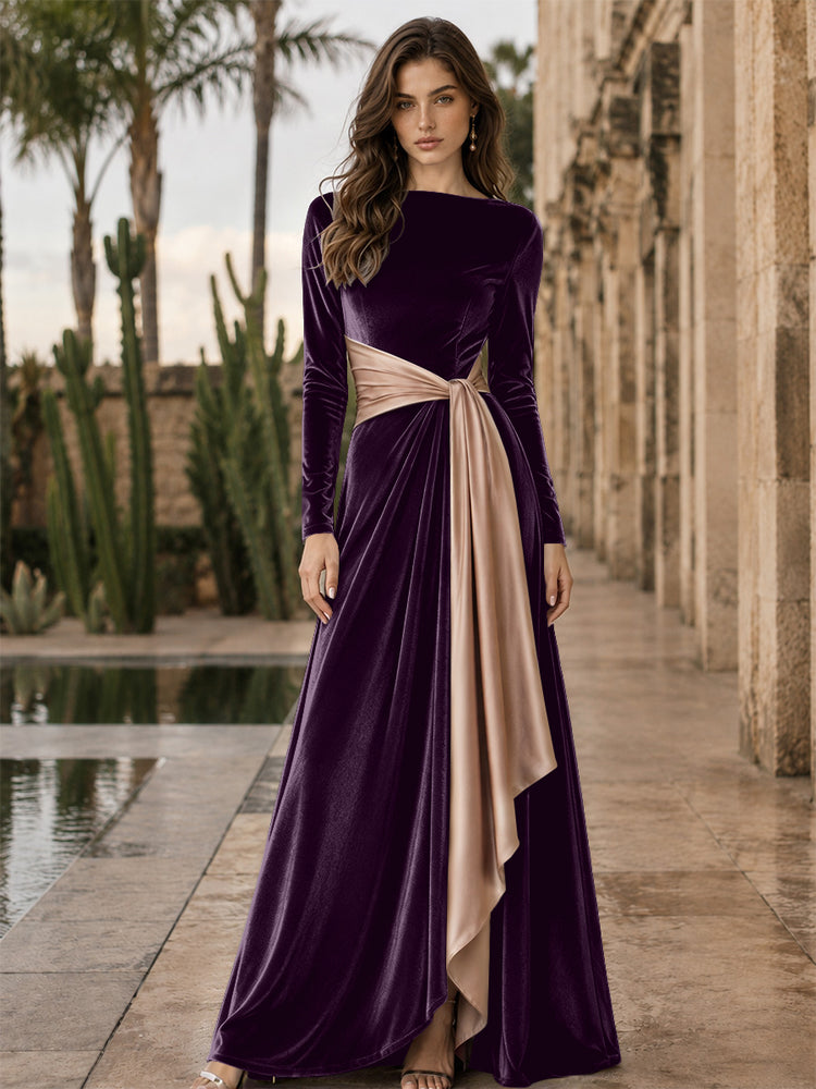 Velvet A-Line Round Neck Long Evening Dresses with Ruffles