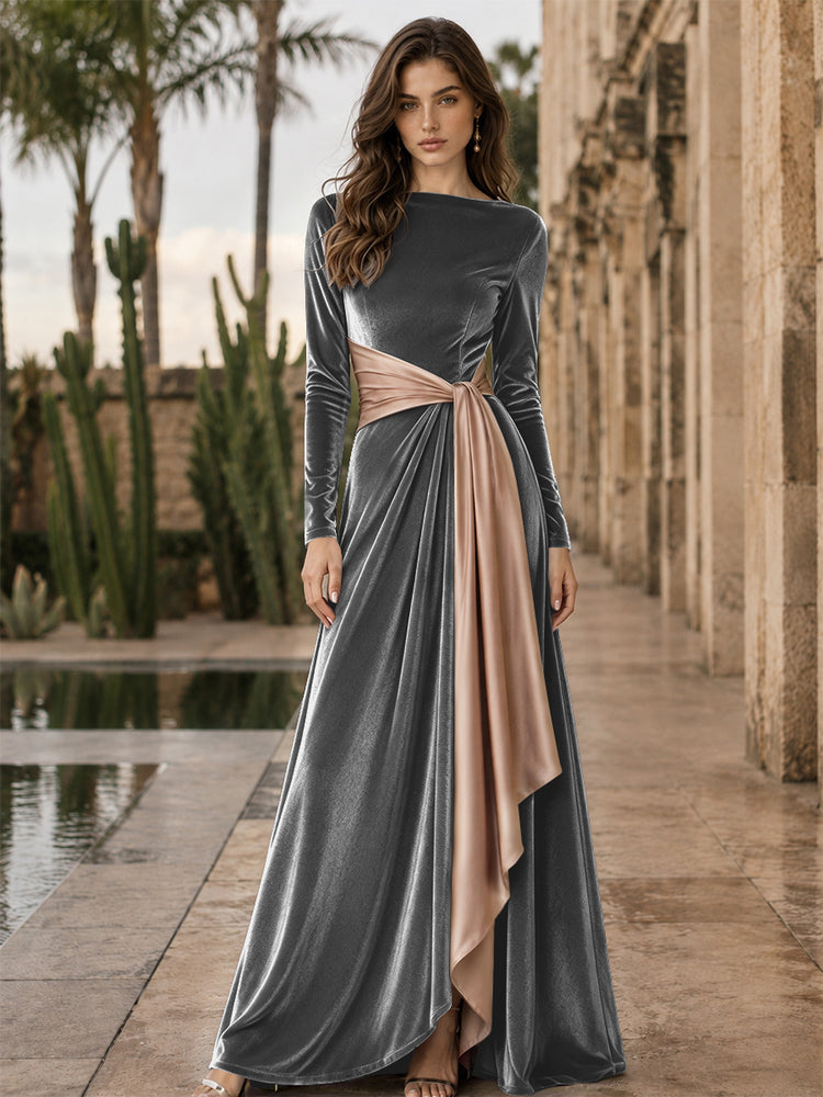 Velvet A-Line Round Neck Long Evening Dresses with Ruffles