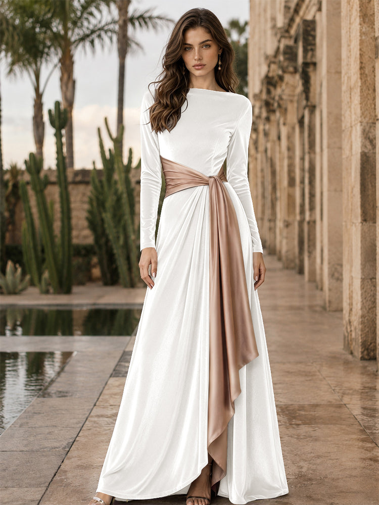Velvet A-Line Round Neck Long Evening Dresses with Ruffles