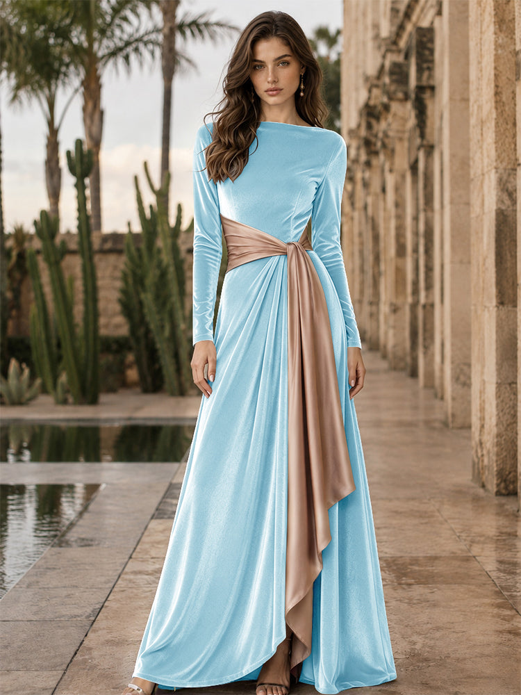 Velvet A-Line Round Neck Long Evening Dresses with Ruffles