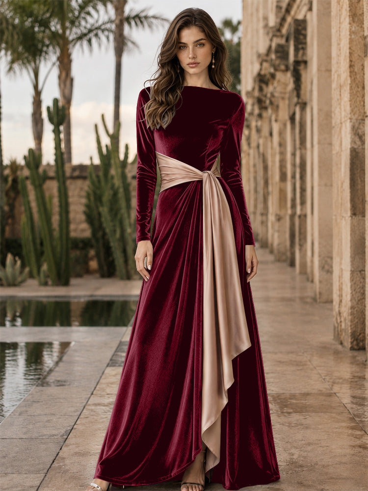 Velvet A-Line Round Neck Long Evening Dresses with Ruffles