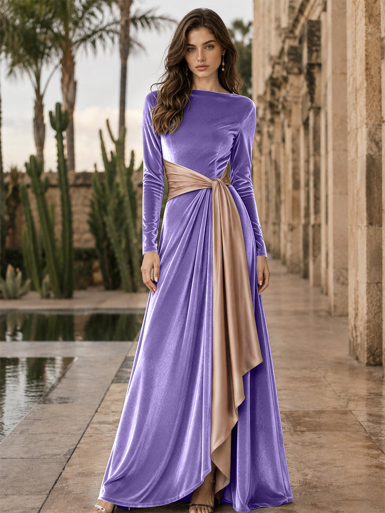 Velvet A-Line Round Neck Long Evening Dresses with Ruffles